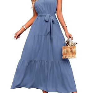 Pretty Garden Sleeveless Tiered Maxi Dress in Dusty Blue Textured Print